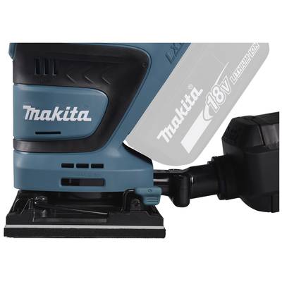 'Akkubetriebener Schleifer von Makita, Modell 18V Lithium-Ion, in Blau und Schwarz. Ansicht zeigt Detail der Schleiffläche und Akkufach.'
