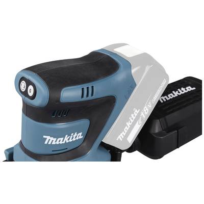 Ein blau-schwarzer Makita-Akku-Schleifer mit 18V Akku. Gerät zeigt die Leistungsstufe 2 an.