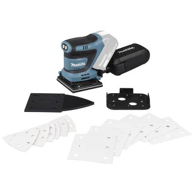 Elektroschleifer mit blauem und schwarzem Gehäuse von Makita, Zubehörteile wie Schleifblätter und Schleifplatten im Vordergrund.