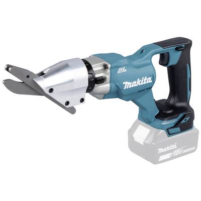 Akkubetriebene Schere mit blau-schwarzem Griff, geeignet zum Schneiden von Metall. Sie trägt das Markenlogo und hat ein 18V-Batteriefach.