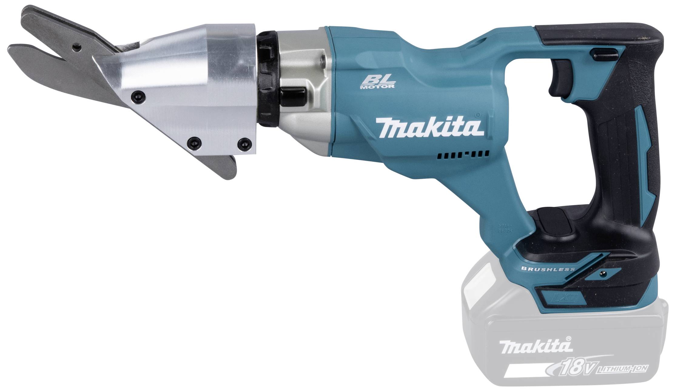 Eine blaue elektrische Blechschere, Marke Makita, mit einem silbernen Schneidewerkzeug und ergonomischem Griff, angezeigt auf weißem Hintergrund.