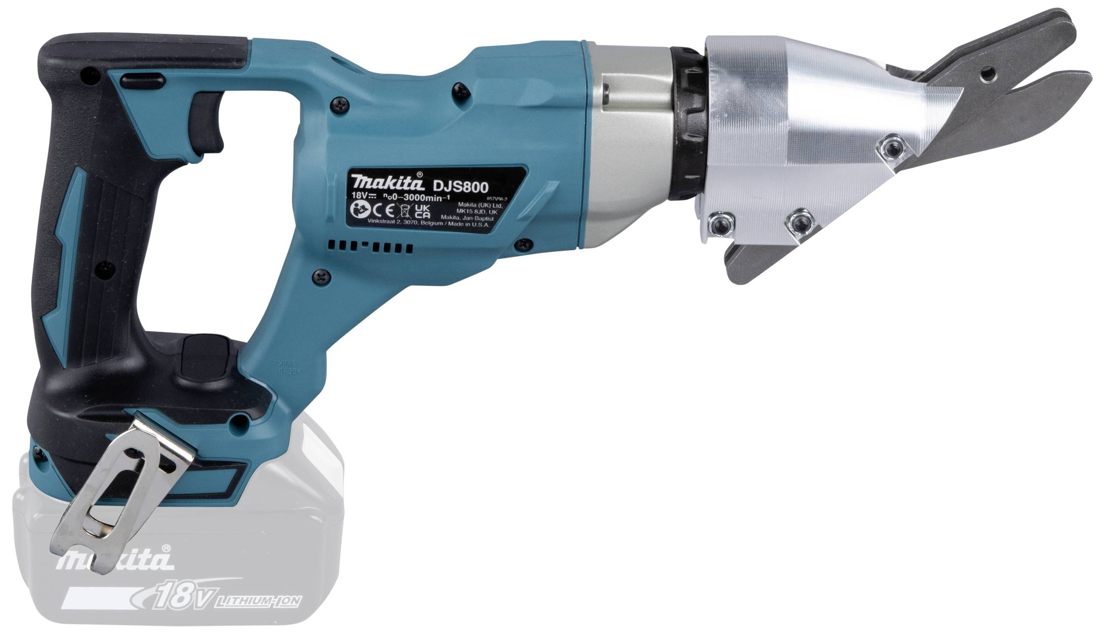 Kabellose Akku-Blechschere mit ergonomischem Design, blauen und schwarzen Gehäuseteilen und Metallschneidkopf zur Bearbeitung von Blechen.