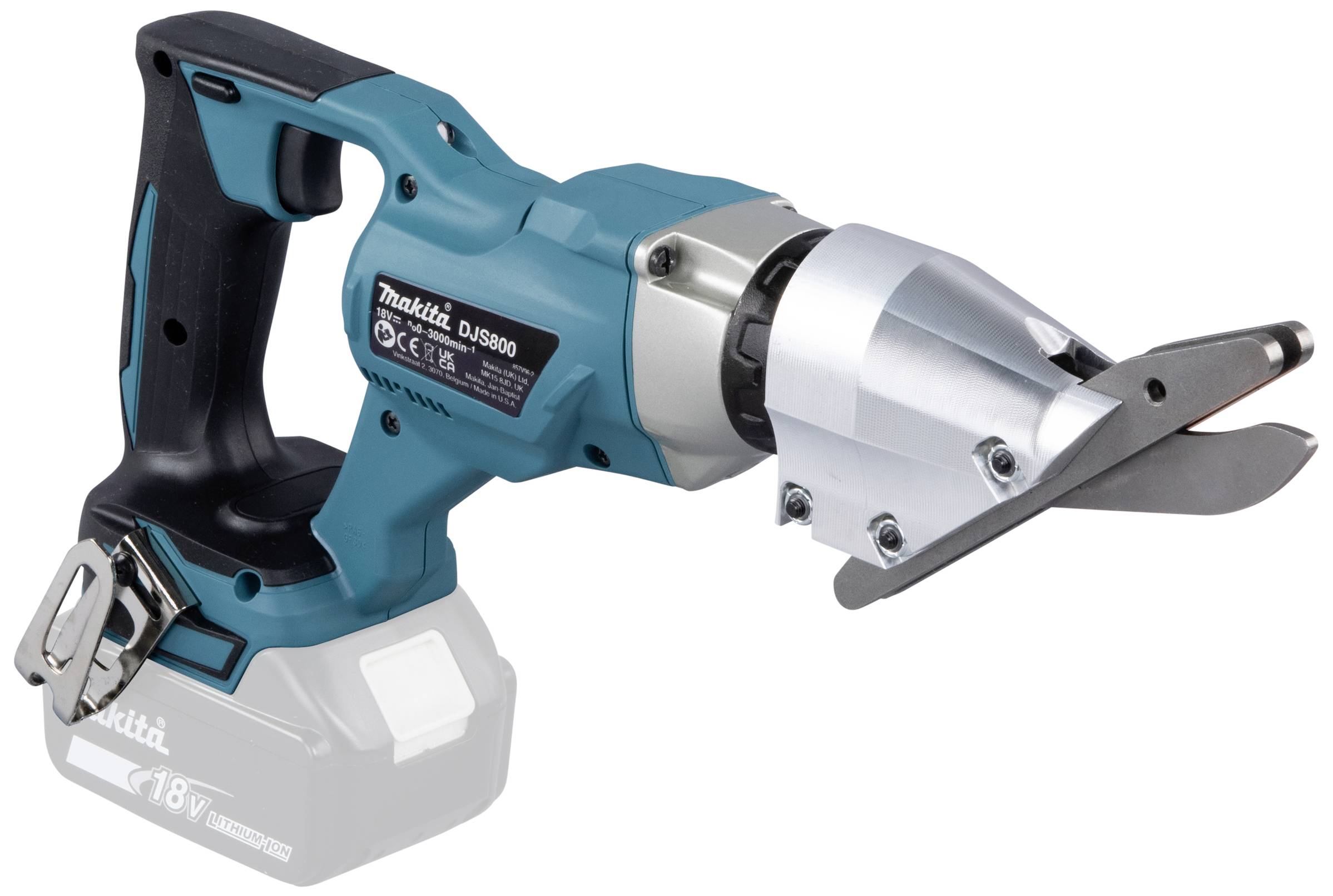 Akkubetriebene, grüne elektrische Blechschere mit ergonomischem Griff, geeignet zum Schneiden von Metallblechen.