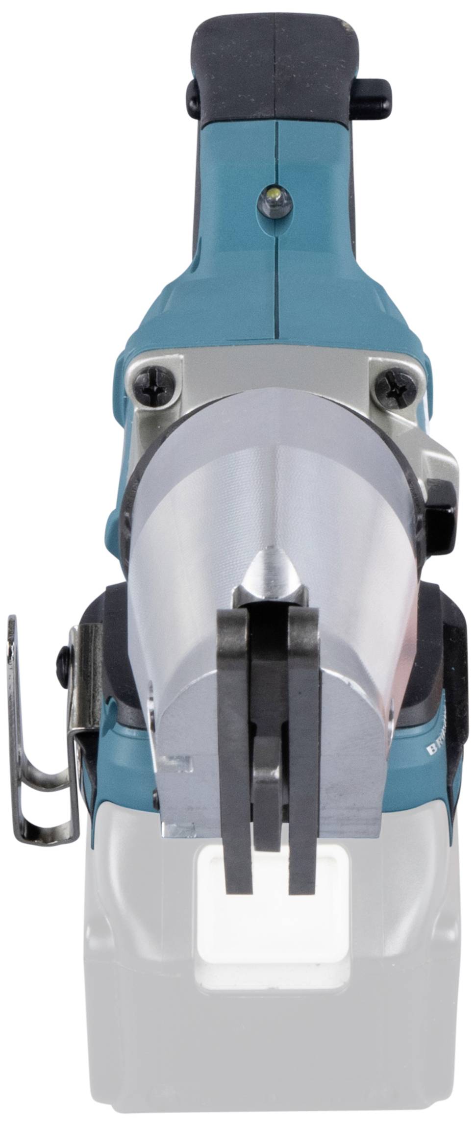 Akkuschere von vorne, blaues Gehäuse, Metallklingen sichtbar. 