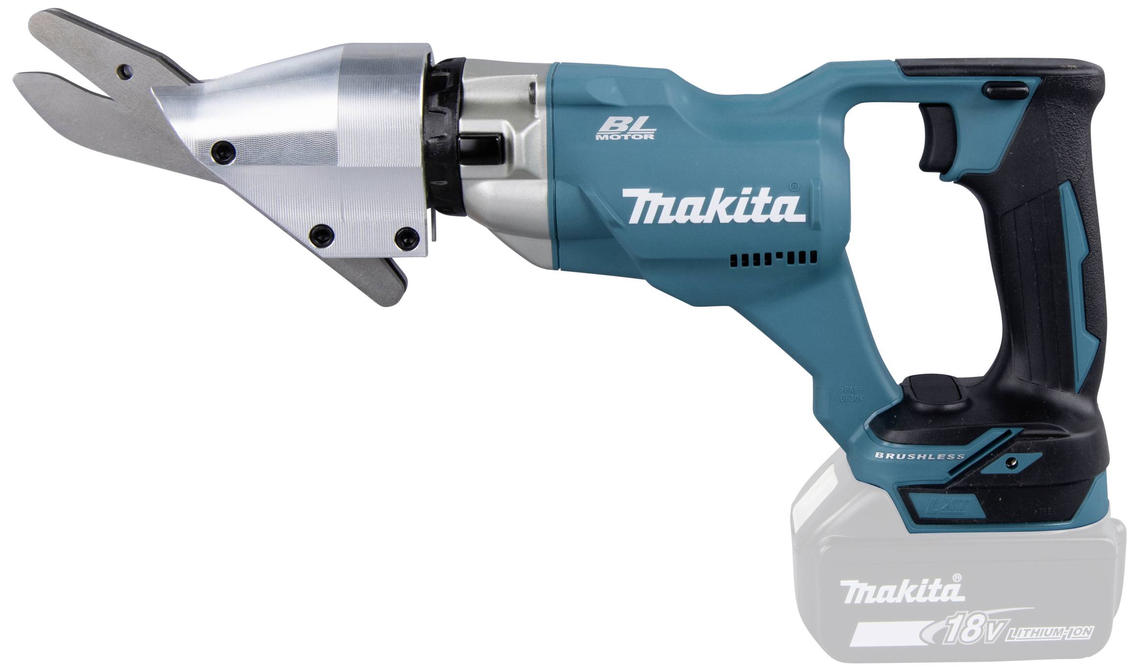 Elektrische Blechschere in Blau mit ergonomischem Griff. Markennamen sichtbar auf dem Werkzeugkörper. Akku-betrieben, für präzise Blechbearbeitung.