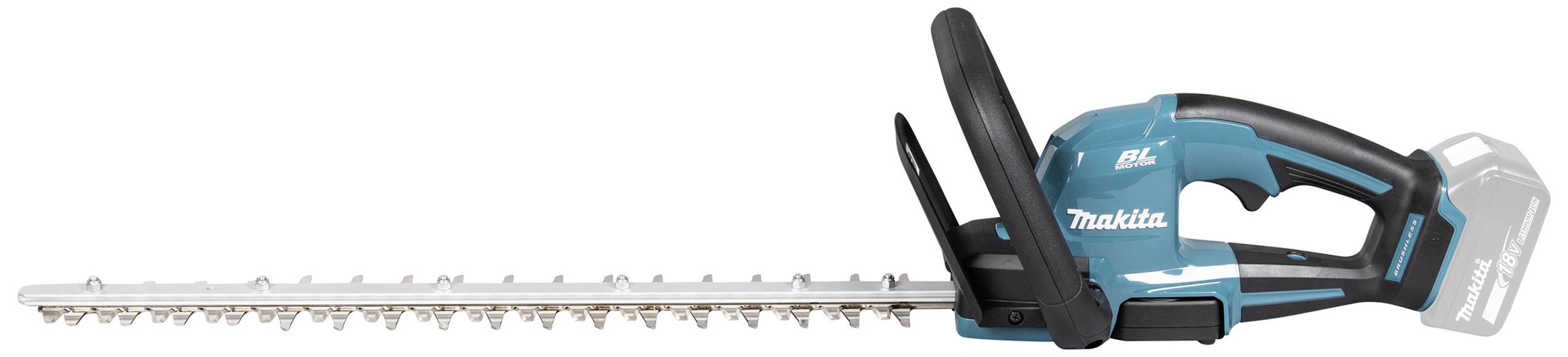 Eine kabellose Heckenschere mit blauem Griff, langen Klingen und einem Akkufach. Ideal für die Gartenpflege.