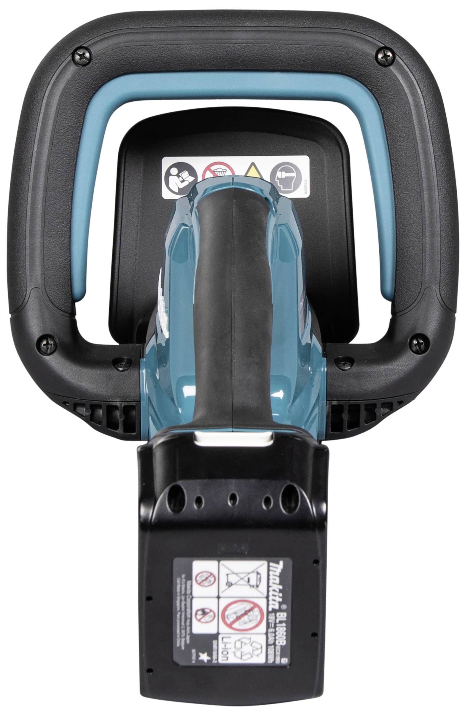 Ein tragbares, handgehaltenes Elektrowerkzeug mit blau-schwarzem Gehäuse und Sicherheitshinweisen auf der Unterseite. Ideal für Gartenarbeiten.