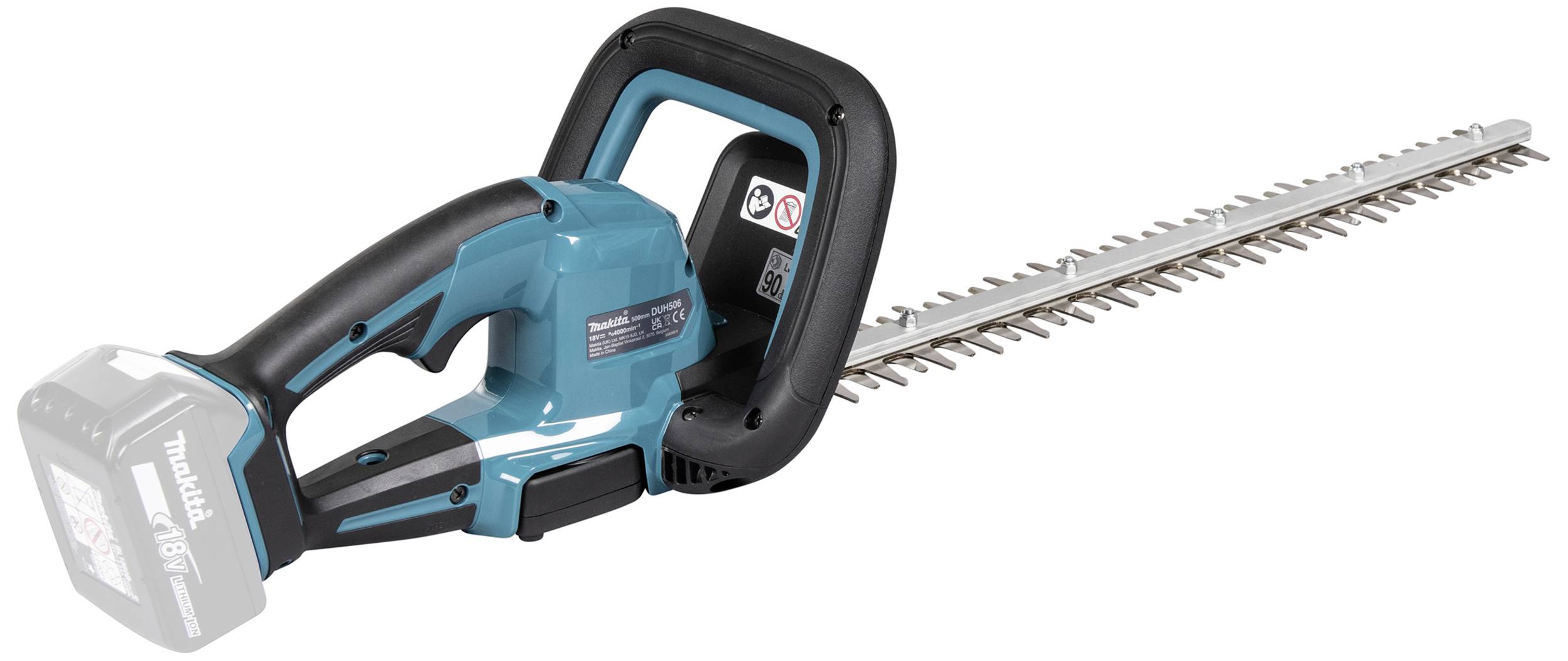 Kabellose Heckenschere in Blau und Schwarz mit einer langen, silbernen Klinge. Geeignet zum Schneiden von Hecken und Sträuchern.