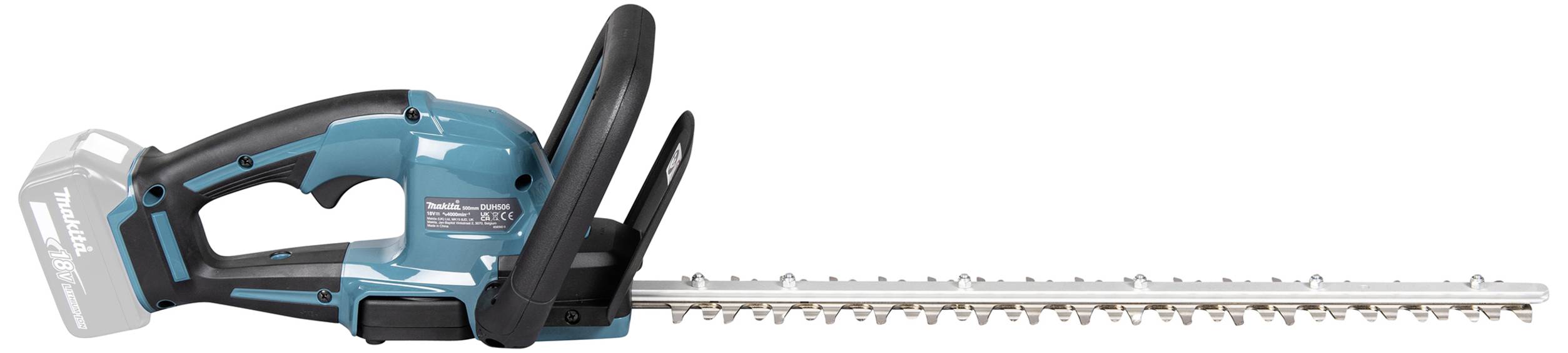 Elektrische Heckenschere mit blau-schwarzem Gehäuse und silberner Klinge, geeignet zum Trimmen von Hecken und Sträuchern.