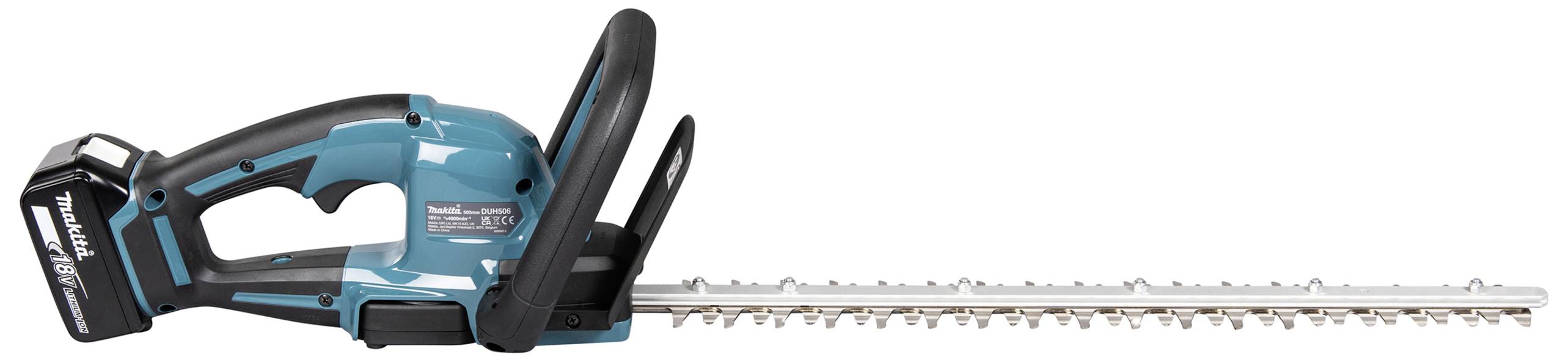 Kabellose, blaue Heckenschere mit schwarzem Griff, horizontal ausgerichtet, geeignet für das Beschneiden von Sträuchern und Hecken.