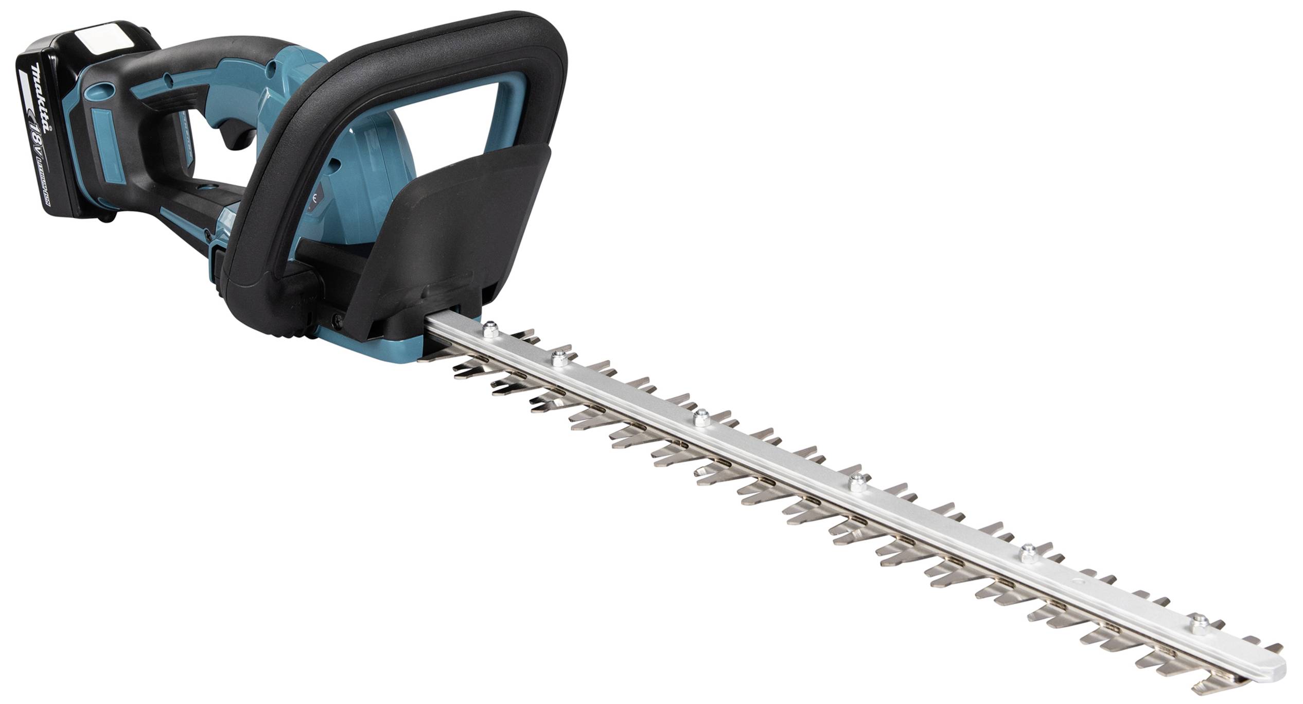 Eine elektrische Heckenschere mit blau-schwarzem Griff, geeignet für das Trimmen von Hecken und Büschen.