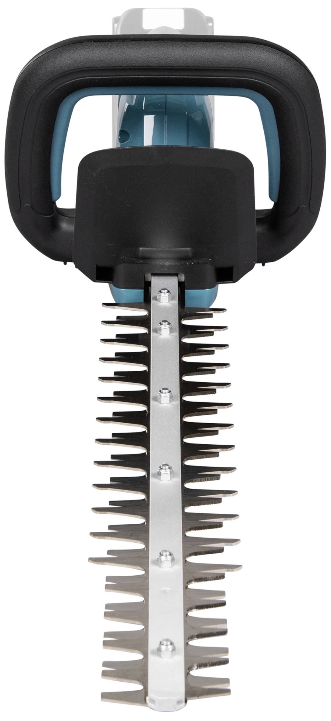 Elektrische Heckenschere von vorne mit schwarzem Griff und silbernen Klingen; geeignet zum Schneiden von Hecken und Sträuchern.