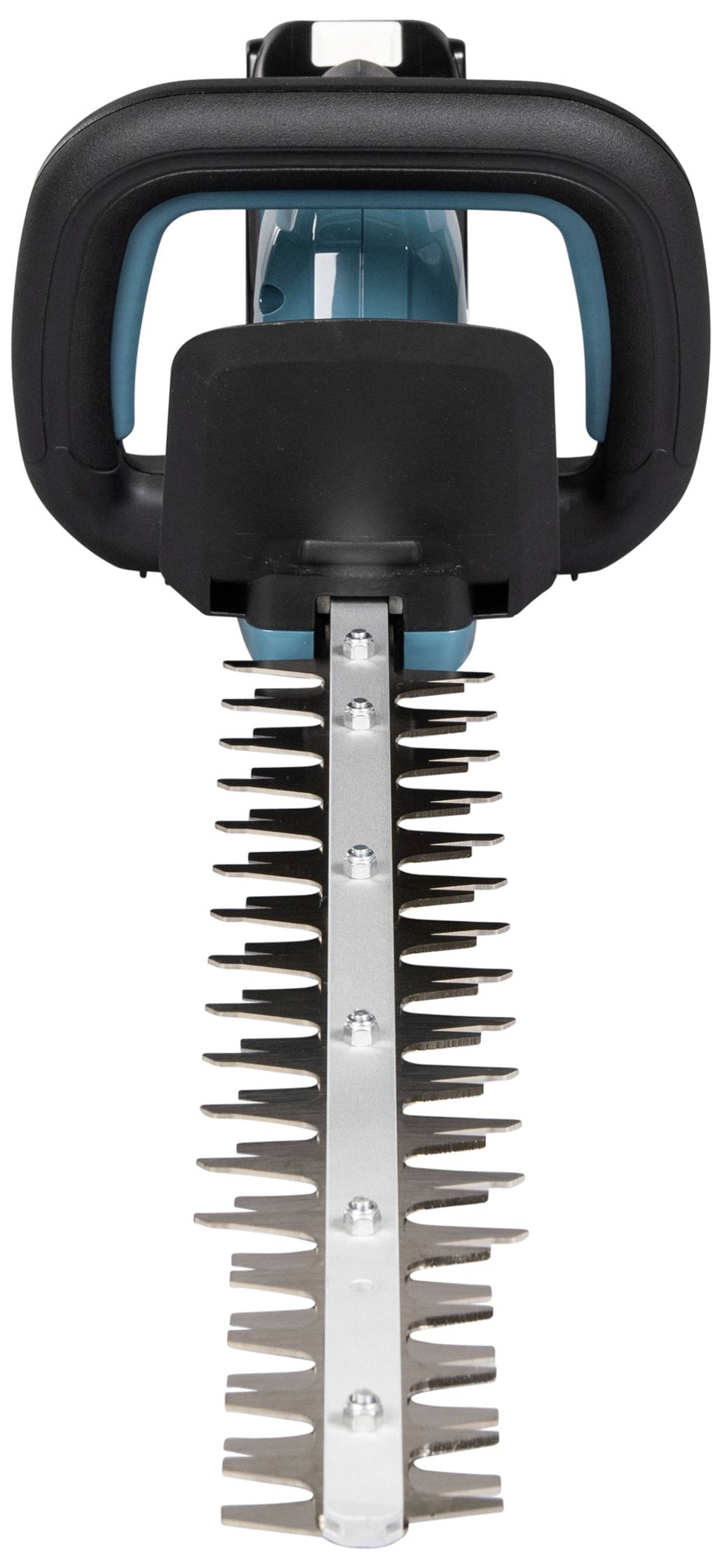 Heckenschere mit schwarzen Griffen und silbernen Klingen. Vorderansicht der Schneideklingen, geeignet für Gartenarbeiten.