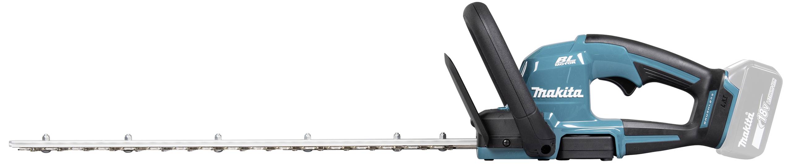 Akku-Heckenschere in Blau und Schwarz mit silberner Klinge, seitlich betrachtet, ohne Akku.