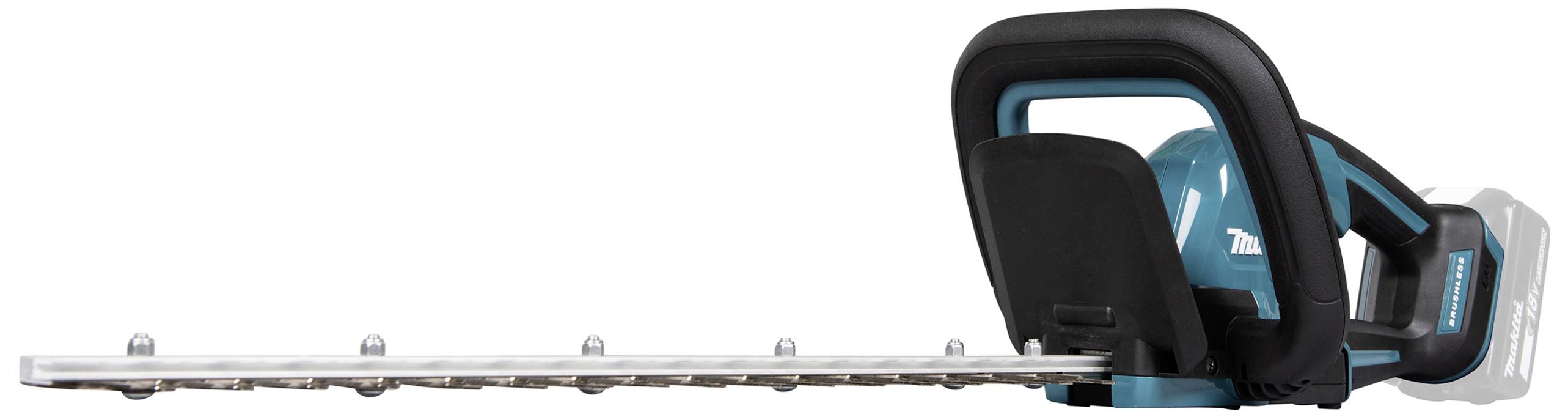 Elektrische Heckenschere mit blauem und schwarzem Gehäuse, legt auf der Seite.