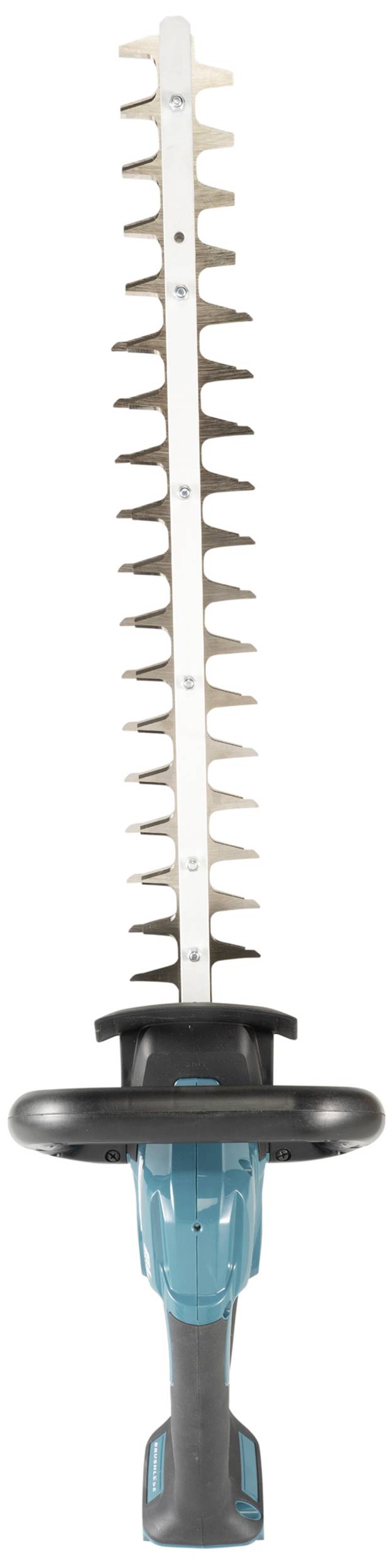 Akkubetriebene Heckenschere in türkis und schwarz, zeigt die Klinge senkrecht in die Höhe.