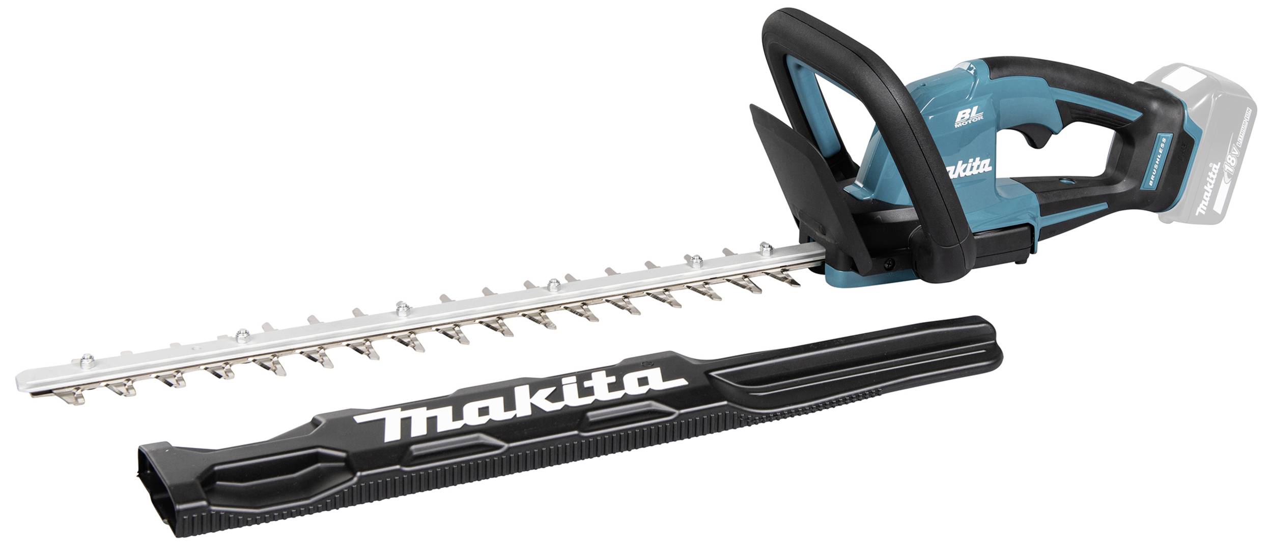 Kabellose Heckenschere mit langem Schneideblatt und ergonomischem Griff, daneben schwarze Schutzabdeckung mit 'Makita'-Logo.