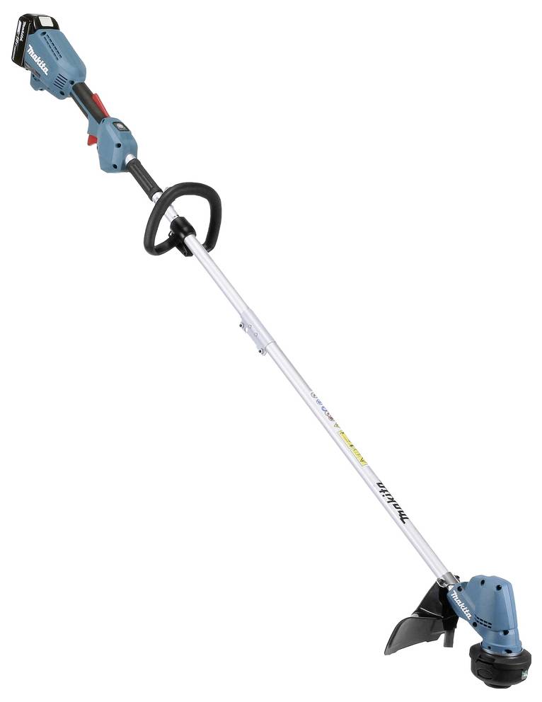 Ein blau-schwarzer kabelloser Rasentrimmer mit einem ausziehbaren Metallschaft und ergonomischem Griff, der für das Trimmen von Gartenunkraut konzipiert ist.