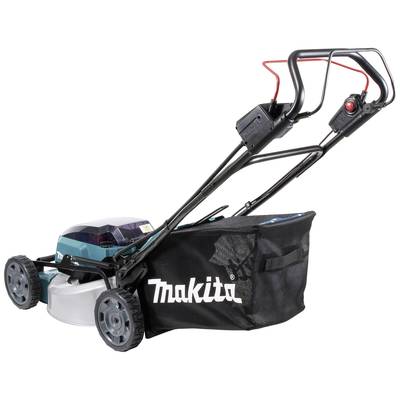 Ein Rasenmäher der Marke Makita mit einem schwarzen Fangkorb und einem elektrisch betriebenen Mähsystem, abgebildet in Seitenansicht.