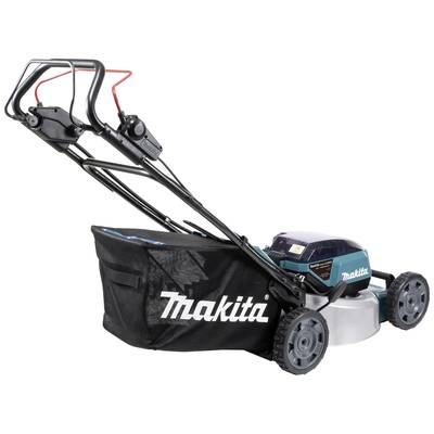 Ein elektrischer Rasenmäher der Marke Makita mit großem Fangsack und robusten Rädern auf weißem Hintergrund dargestellt.