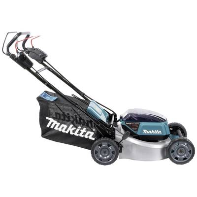 Elektrischer Rasenmäher der Marke Makita, in Schwarz und Blau, mit Auffangkorb. Geeignet für mittelgroße Rasenflächen.