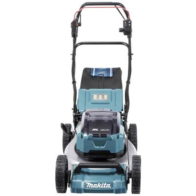 Ein kabelloser Rasenmäher in Blau und Schwarz mit einem Griff, einem Batteriefach und großen Rädern, von vorne gesehen.