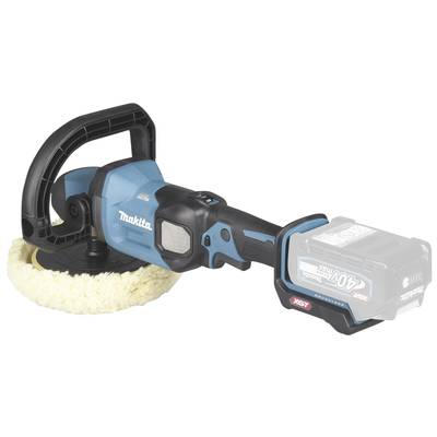 Akkubetriebene blaue Poliermaschine von Makita mit großem Polierpad, ergonomischem Griff und sichtbarem Akku rechts.