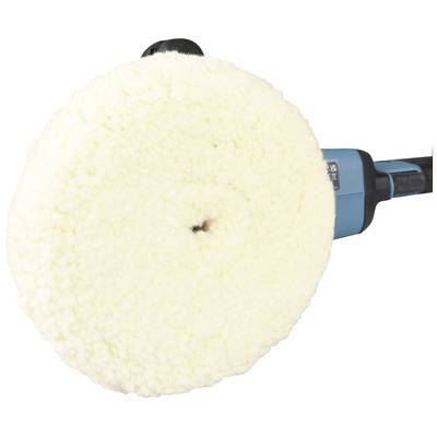 Ein kreisförmiges, flauschiges Polierpad auf einem blauen elektrischen Poliergerät.