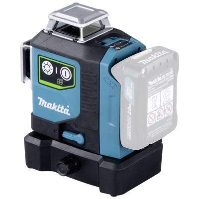 Ein grüner und schwarzer Makita-Linienlaser PEG083R auf einem schwarzen Sockel, genutzt für präzise Ausrichtungs- und Messarbeiten.