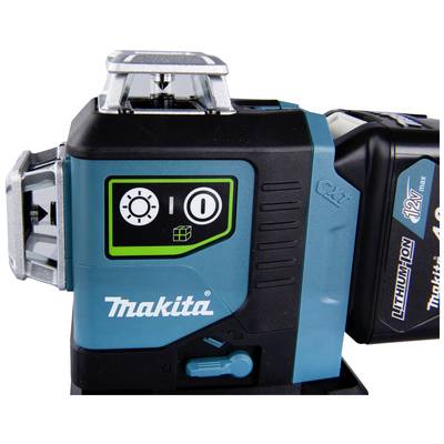 Ein Makita Laser-Nivelliergerät mit grünem Display und Batteriefach. Es zeigt eine Nivellierungseinstellung und Batteriezustand.