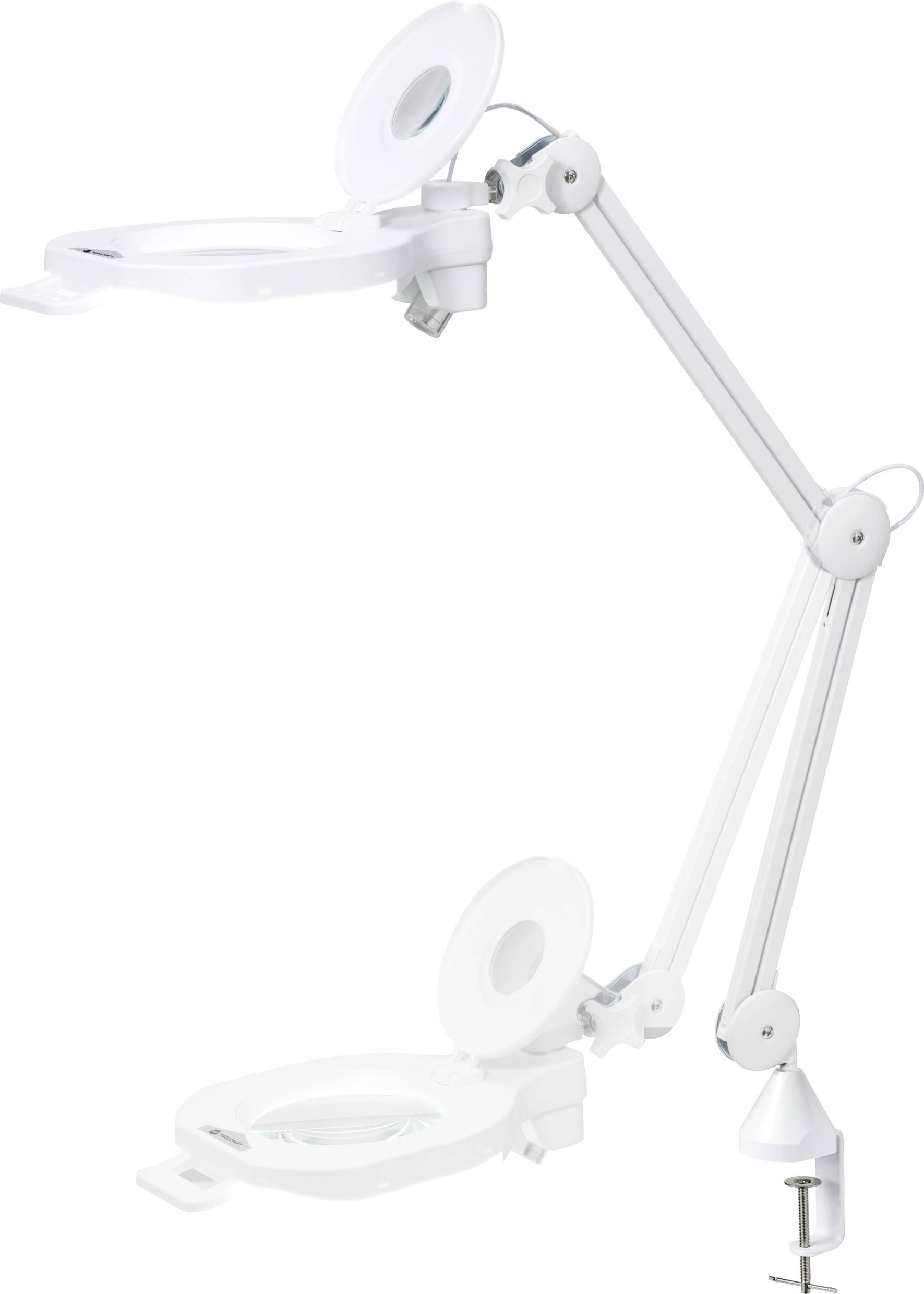 Weiße Schreibtischlampe mit verstellbarem Arm und integrierter Lupe. Befestigungsklemme am unteren Ende. Ideal für detaillierte Arbeiten.