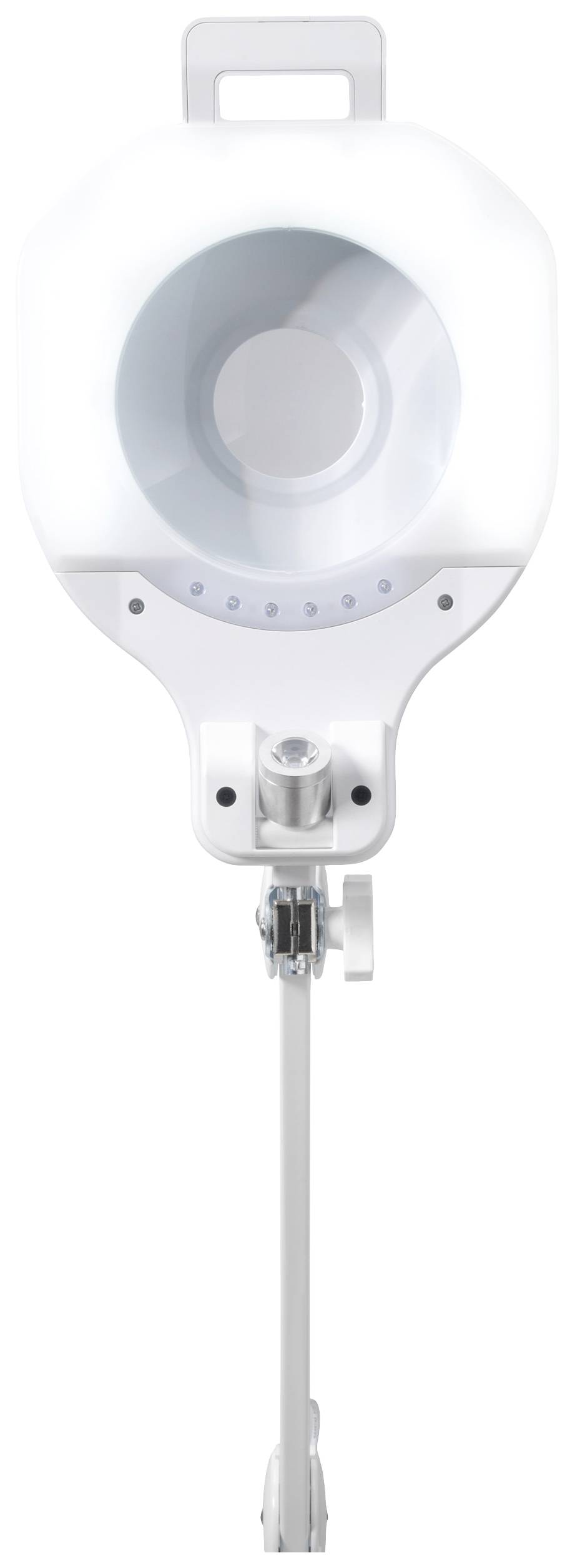 Eine weiße Lupenleuchte auf einem höhenverstellbaren Ständer, mit einem runden Vergrößerungsglas und LED-Beleuchtung.