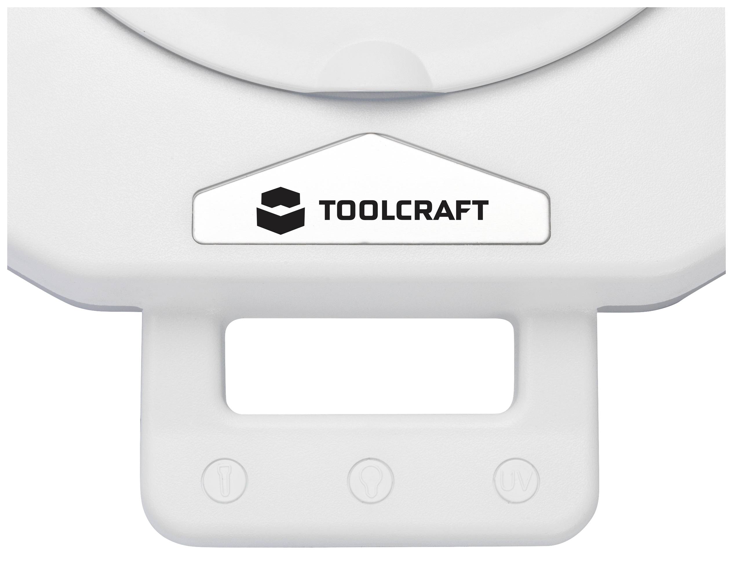 Graues Kunststoffteil mit Logo 'Toolcraft' in Schwarz. Darunter Symbole für USB, Licht und Strom.