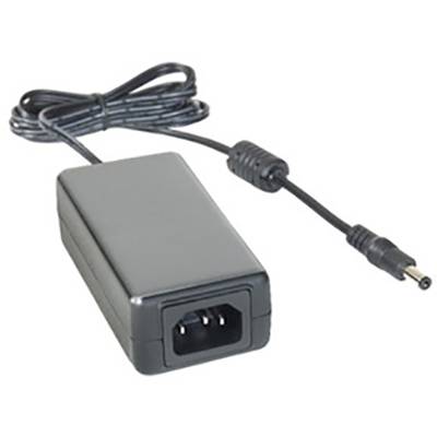 Schwarzes Netzteil mit Kabel und Stecker für elektronische Geräte.