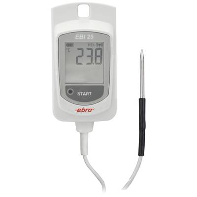Ein Temperaturdatenlogger mit Anzeige, die '23,8 °C' zeigt. Das Gerät hat eine Sonde für genaue Messungen und einen Startknopf.
