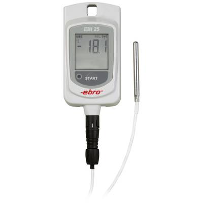 'EBI 25' Datenlogger mit Display zeigt Temperatur -18,1°C. Silberner Sensor verbunden mit schwarzem Kabel.
