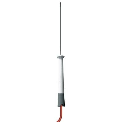Ein weißer Temperaturfühler mit langem Metallstab und rotem Kabel, verwendet zur Messung von Temperaturen in Flüssigkeiten oder Lebensmitteln.