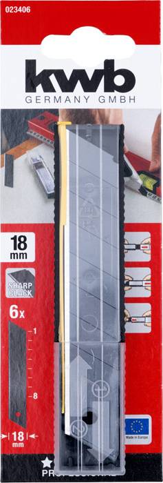 Verpackung eines KWB Abbrechklingen-Messers, 18 mm, 6 Ersatzklingen. Rotes Design mit Bildanweisungen zur sicheren Nutzung.