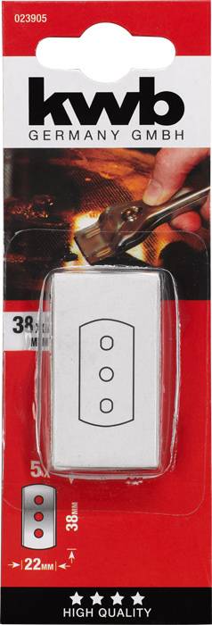 KWB-Packung für ein Trapezklingenmesser, abgebildet mit drei Löchern. Verpackung zeigt Produktnamen und das Label 'High Quality'.