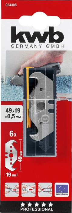 Verpackung von KWB Germany GmbH mit 6 Ersatzklingen, 49x19x0,5 mm, für Teppichmesser. Enthält Bild eines Teppichschneiders in Aktion.