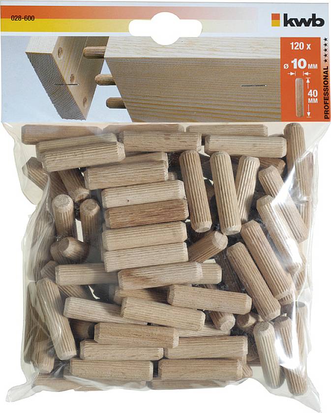 Tüte mit 120 Holzdübeln, 10 mm Durchmesser. Verpackung zeigt Markenlogo und Maßangaben für professionelle Holzbearbeitung.