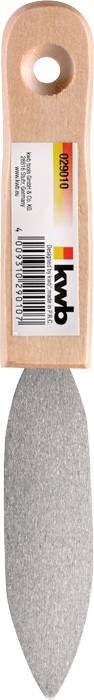 Abgerundete, längliche Sandpapierfeile mit Holzgriff und Loch, Markenetikett mit Barcode und Farbstreifen in Rot, Schwarz, Gelb.
