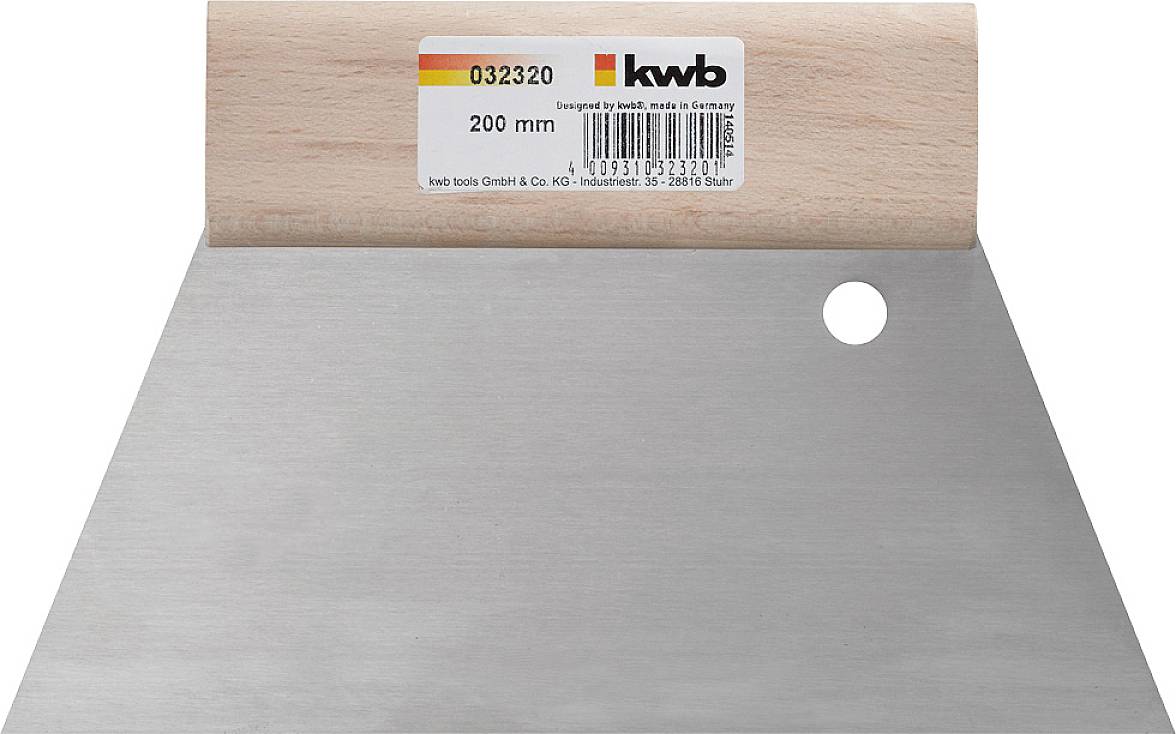 Metallspachtel mit Holzgriff. Auf dem Griff steht '032320, 200 mm', Hersteller 'kwb' aus Deutschland. Ein Loch in der Klinge.