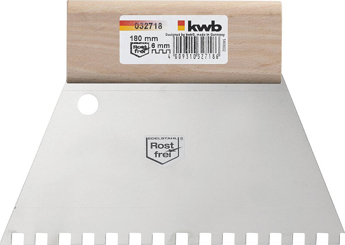 Spachtel mit Holzgriff, Breite 180 mm, Marke 'kwb', aus rostfreiem Edelstahl. Enthält eine Zahnung für gleichmäßiges Verteilen von Material.