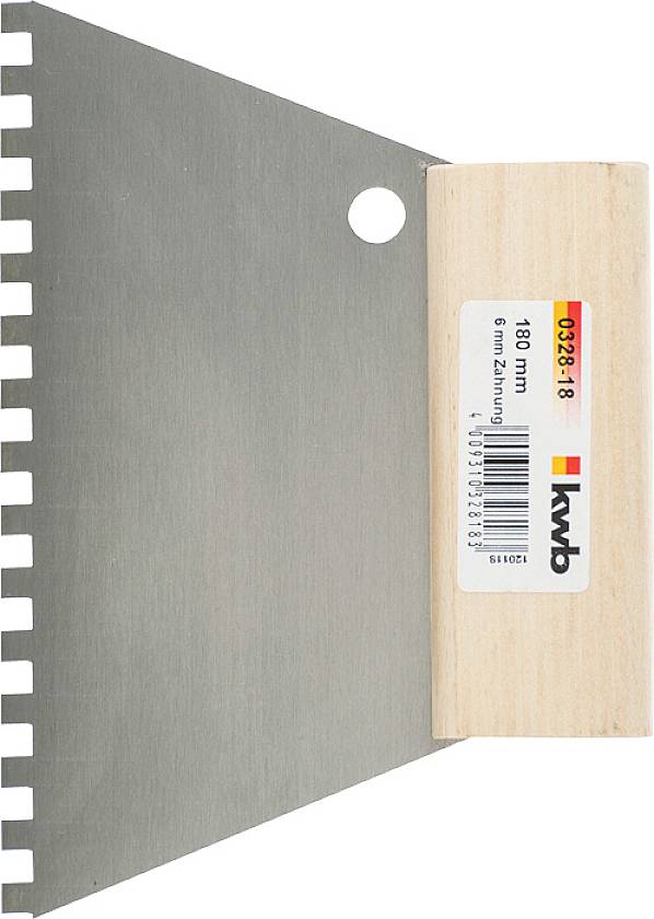 Metallkelle mit Holzgriff und gezahnter Kante, Größe 180 mm, für Bauarbeiten. Produktetikett enthält Markenlogo und Spezifikationen.