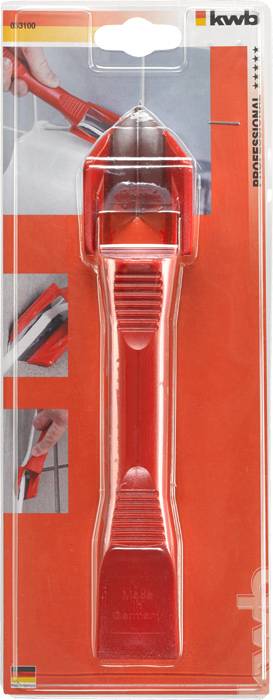Roter Fugenreiniger in Kunststoffverpackung von 'kwb'. Das Werkzeug hat einen ergonomischen Griff und Klinge zum Reinigen von Fugen.