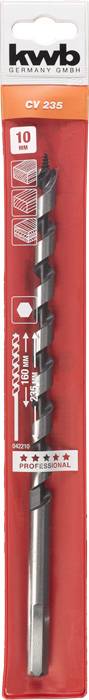 Verpackung eines Holzbohrers der Marke 'kwb'. Spiralbohrer in roter Hülle. Länge: 235 mm, Durchmesser: 19 mm, geeignet für Holzarbeiten.