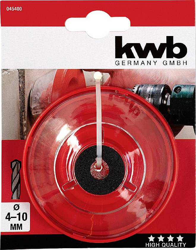 Eine rote Bohrstaubdüse von 'kwb Germany GmbH', mit Angabe der Größen 4-10 mm, geeignet für staubfreies Bohren, hoher Qualität.