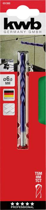 'Kwb Bohrer 6,0 mm'; blaue Bohrerspitze in Verpackung; Markenname oben; rote Verpackung; Symbole für Materialkompatibilität.