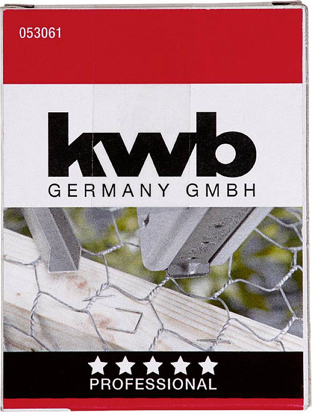 Verpackung mit der Aufschrift 'kwb Germany GmbH'. Abgebildet sind Metallteile auf einem Holzzaun. Kategorie: Professional.